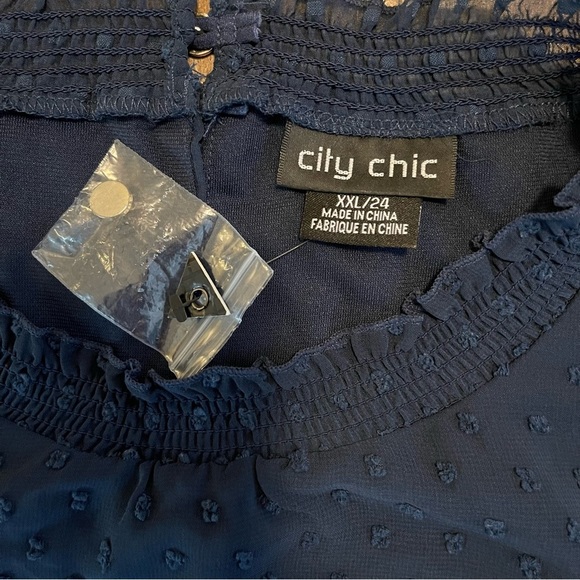 City Chic Tiered Sheer Long Puff Sleeve Navy Blue Mini Smocked Dress XXL - Picture 4 of 9